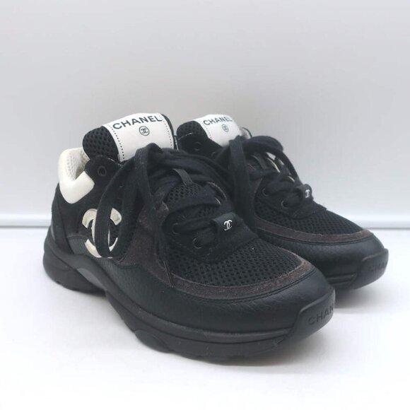 Chanel 10B CC Low Top Sneakers Black Mesh & Leather Size 36 - Picture 1 of 15